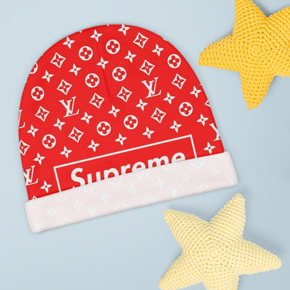 Supreme Graphic Beanie — Red Logo Monogram Knit (All-Over Print)