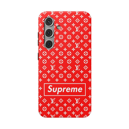 Impact-Resistant Phone Case — Red Monogram Pattern with Bold 'Supreme' Style Logo