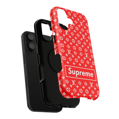 Impact-Resistant Phone Case — Red Monogram Pattern with Bold 'Supreme' Style Logo