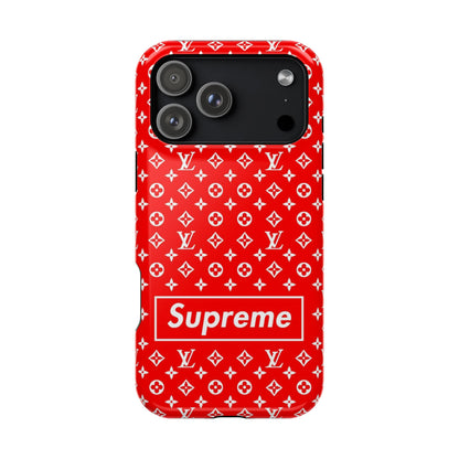 Impact-Resistant Phone Case — Red Monogram Pattern with Bold 'Supreme' Style Logo