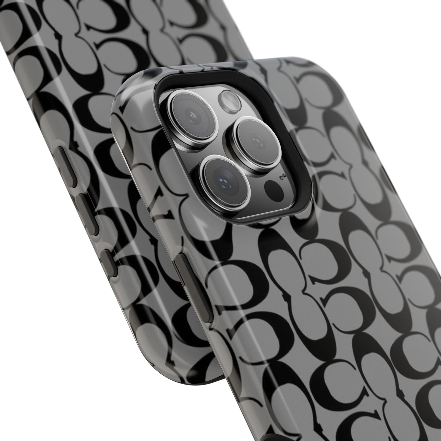 Monogram Pattern Impact-Resistant Phone Case — Black & Gray Designer-Inspired Protection