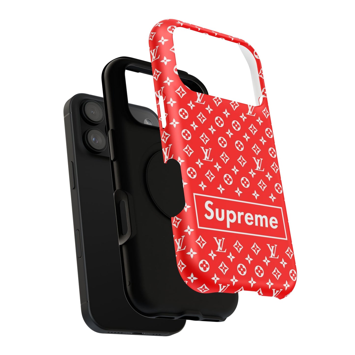 Impact-Resistant Phone Case — Red Monogram Pattern with Bold 'Supreme' Style Logo