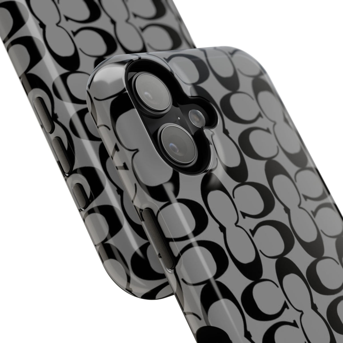 Monogram Pattern Impact-Resistant Phone Case — Black & Gray Designer-Inspired Protection