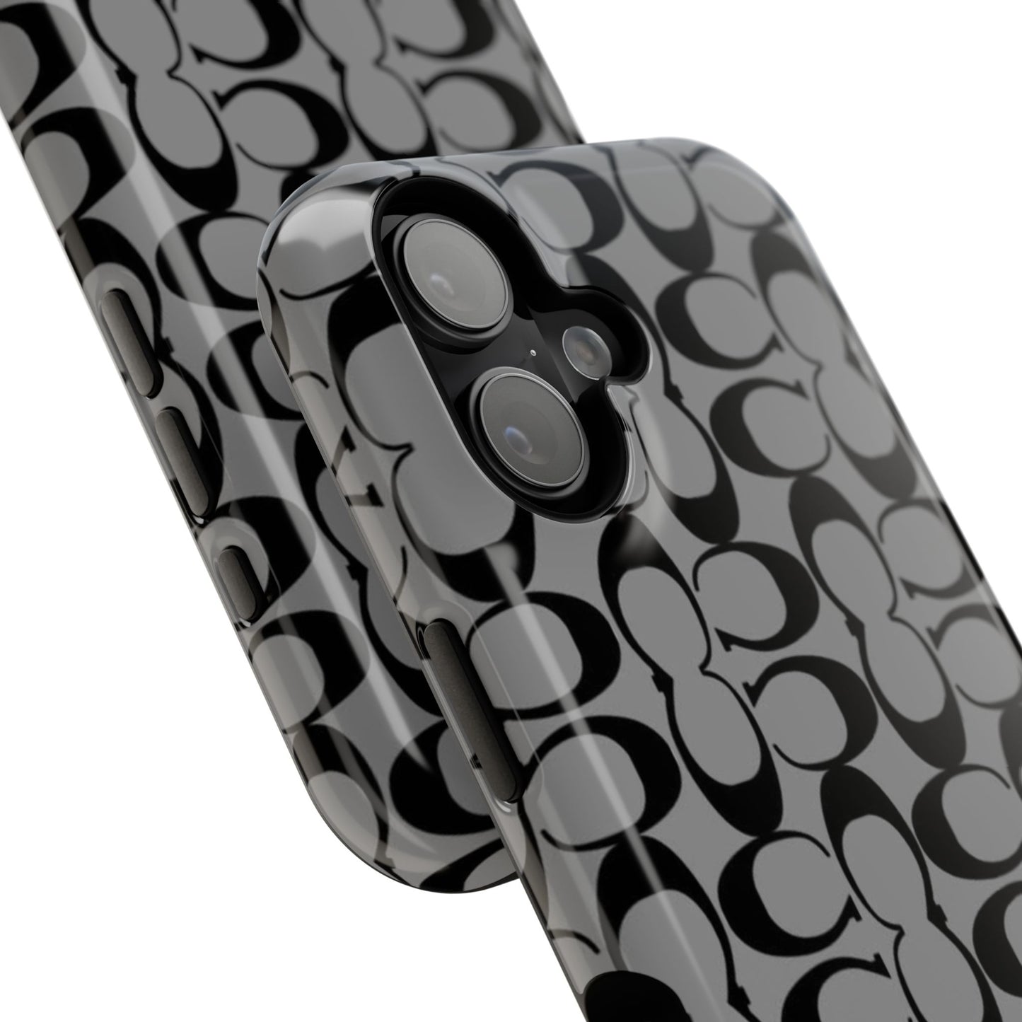 Monogram Pattern Impact-Resistant Phone Case — Black & Gray Designer-Inspired Protection