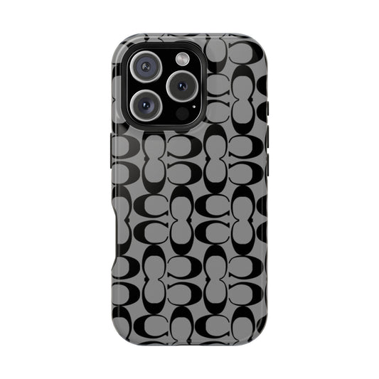 Monogram Pattern Impact-Resistant Phone Case — Black & Gray Designer-Inspired Protection