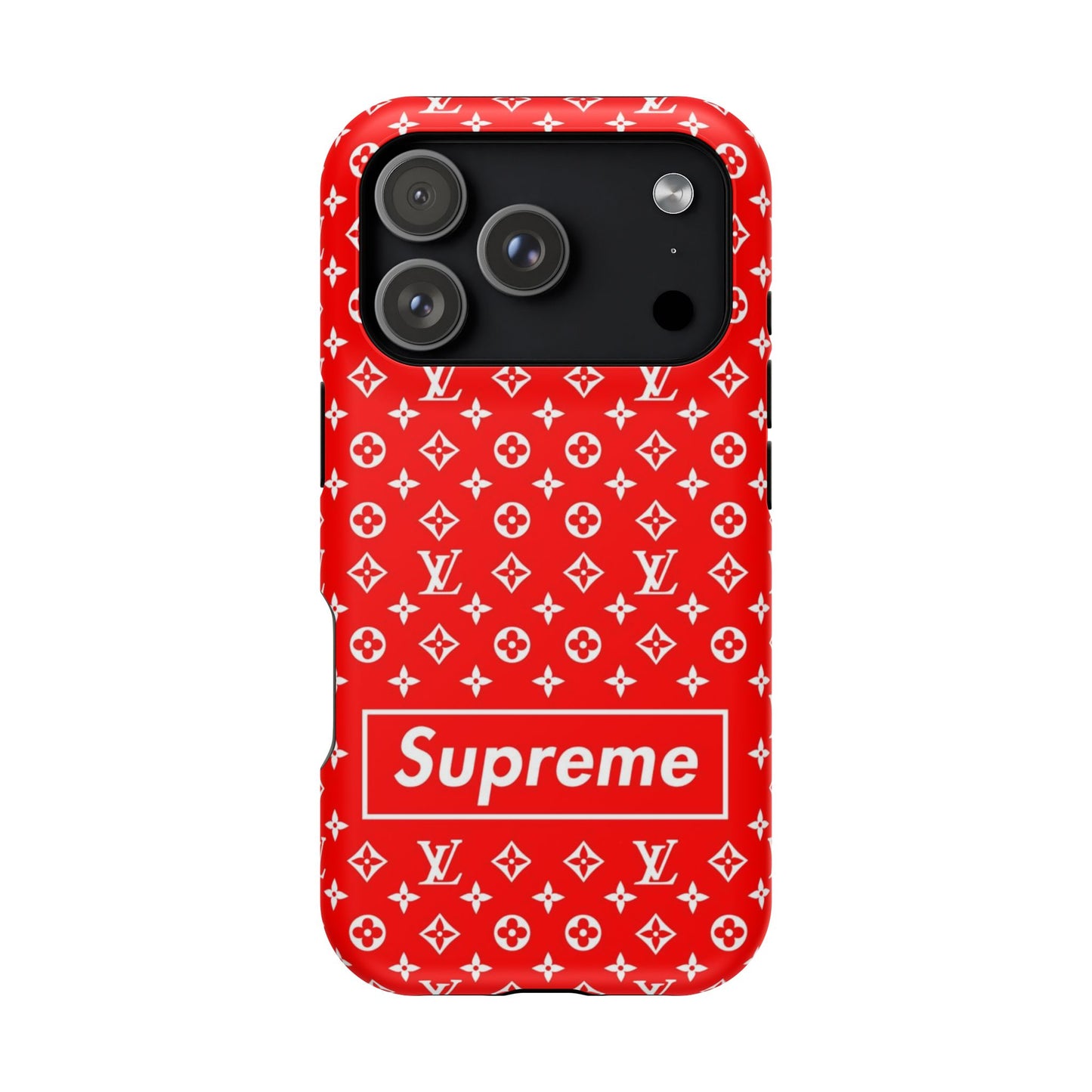 Impact-Resistant Phone Case — Red Monogram Pattern with Bold 'Supreme' Style Logo