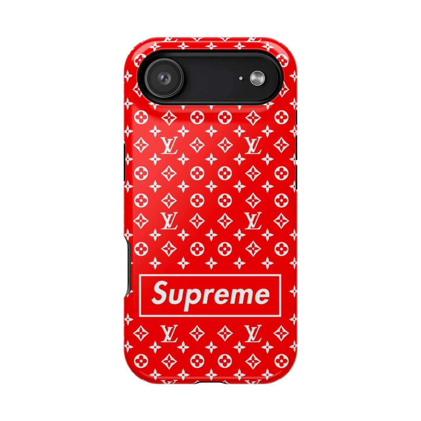 Impact-Resistant Phone Case — Red Monogram Pattern with Bold 'Supreme' Style Logo