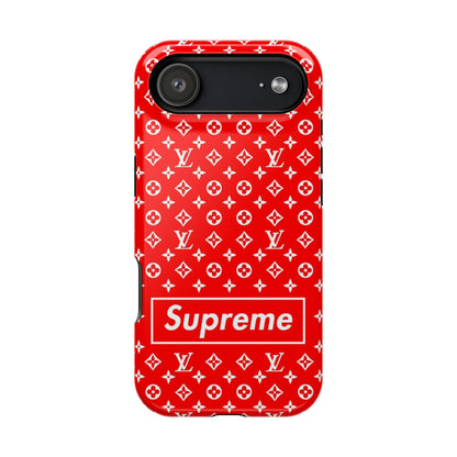 Impact-Resistant Phone Case — Red Monogram Pattern with Bold 'Supreme' Style Logo