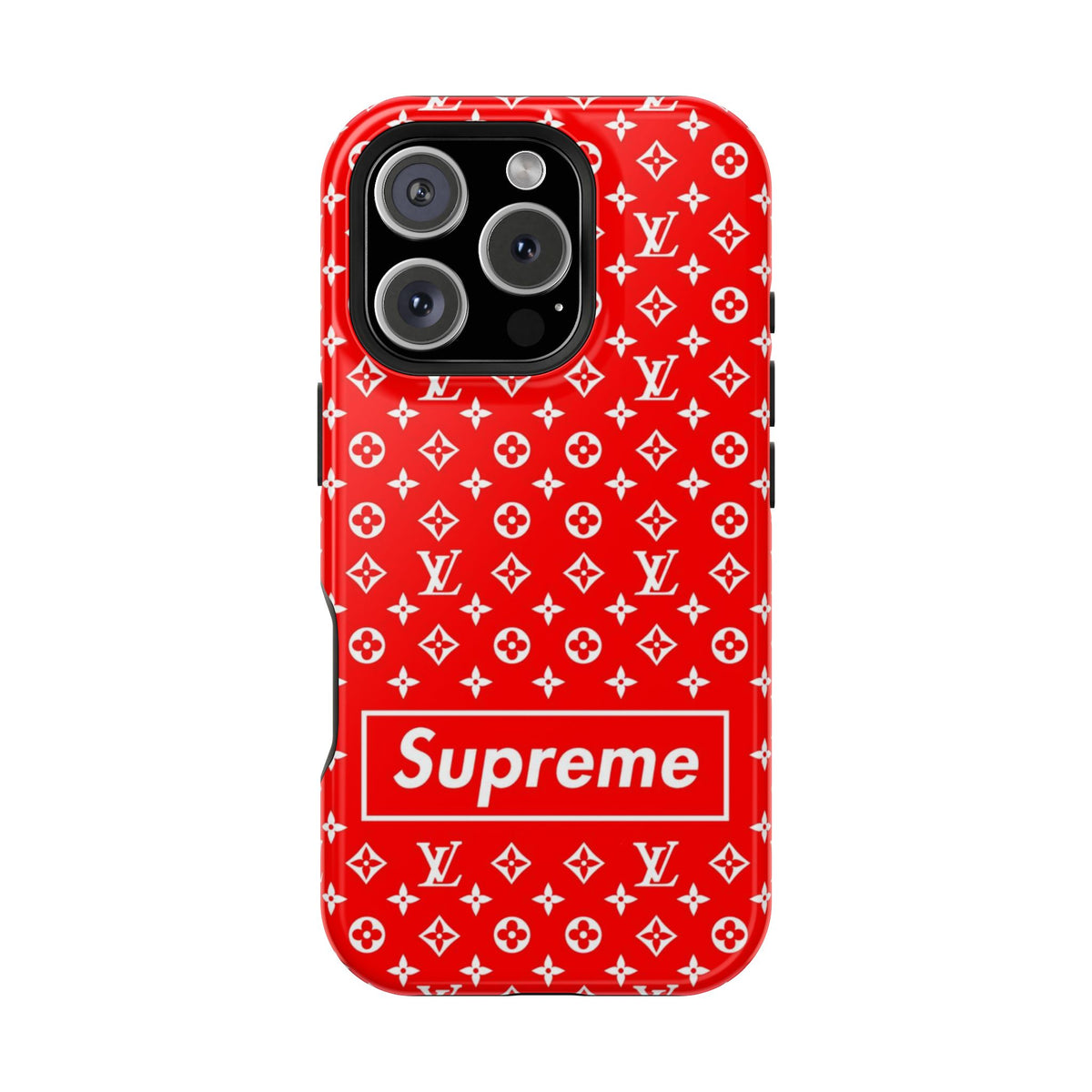Impact-Resistant Phone Case — Red Monogram Pattern with Bold 'Supreme' Style Logo