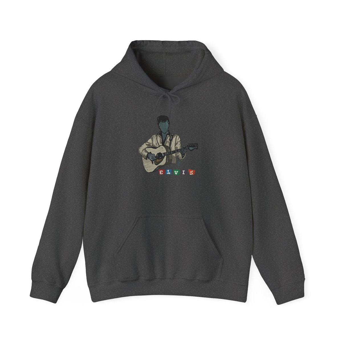Elvis Silhouette Hoodie — Cozy Music Lover Pullover with Color Block Notes