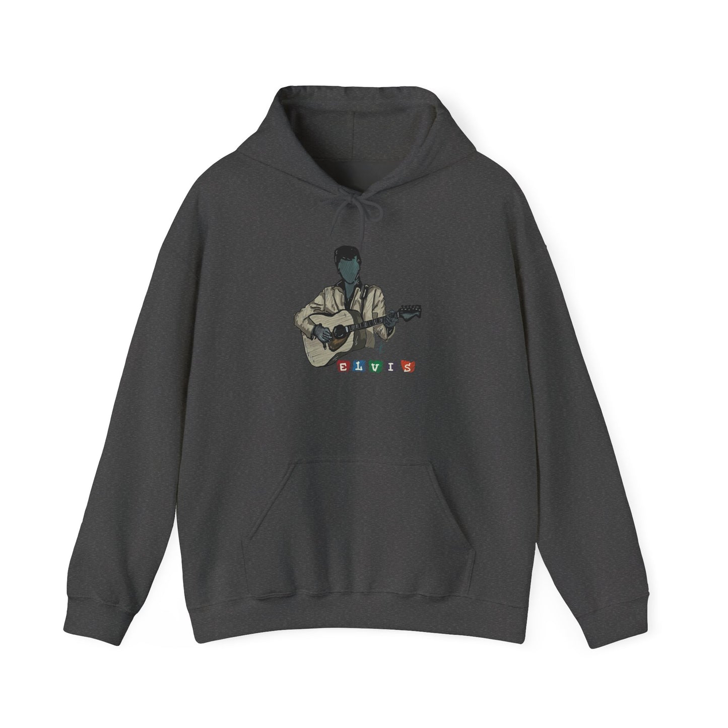 Elvis Silhouette Hoodie — Cozy Music Lover Pullover with Color Block Notes