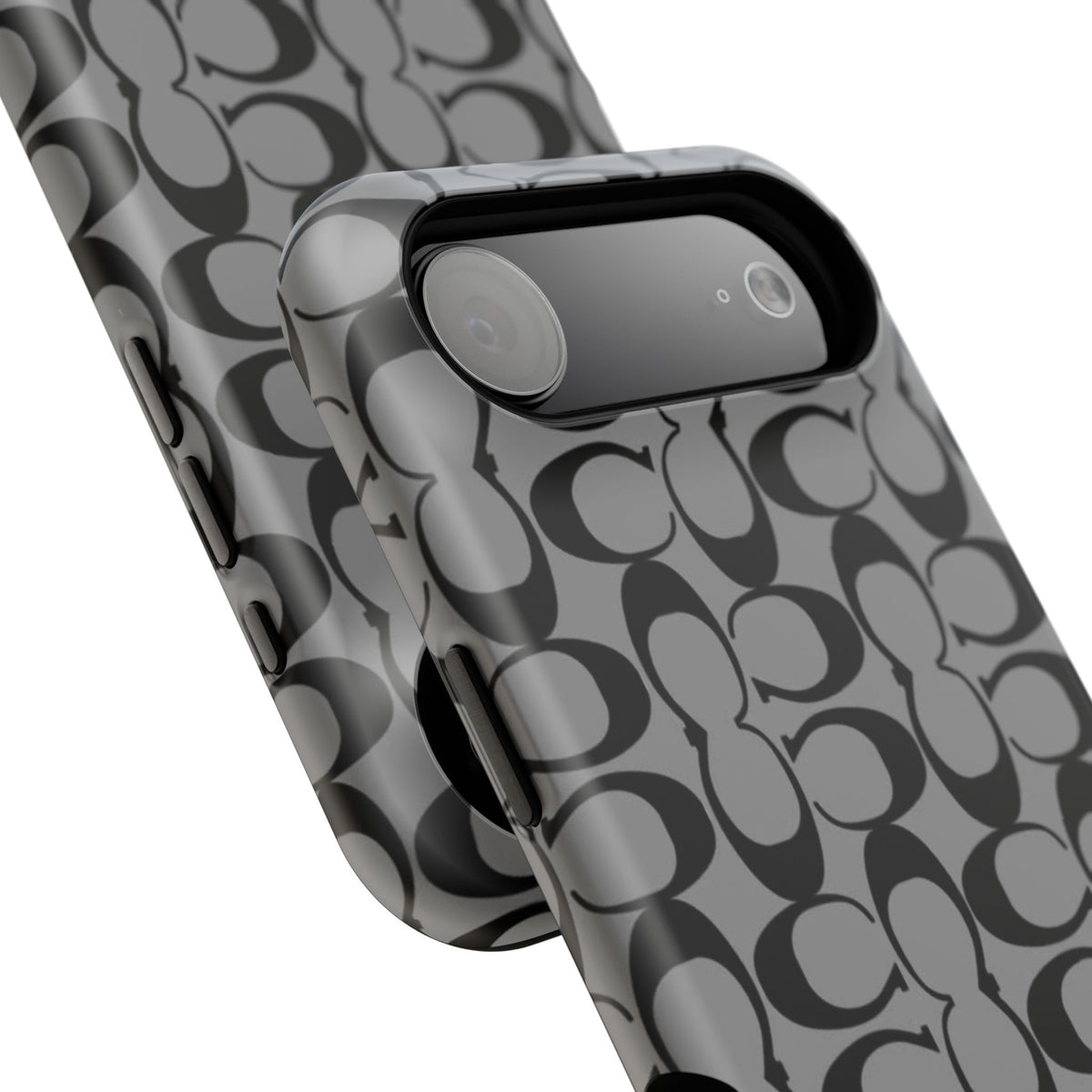 Monogram Pattern Impact-Resistant Phone Case — Black & Gray Designer-Inspired Protection