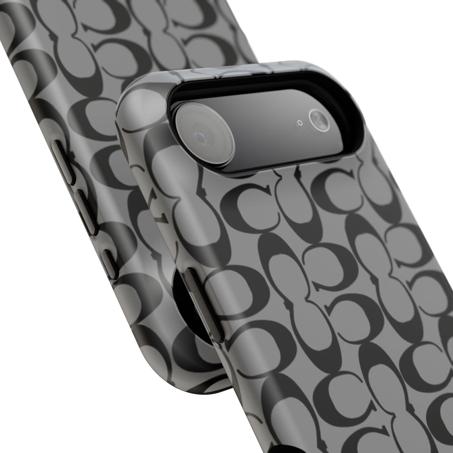 Monogram Pattern Impact-Resistant Phone Case — Black & Gray Designer-Inspired Protection