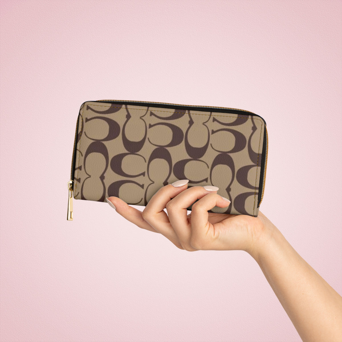 Monogram Pattern Zipper Wallet | Neutral Taupe Card Organizer