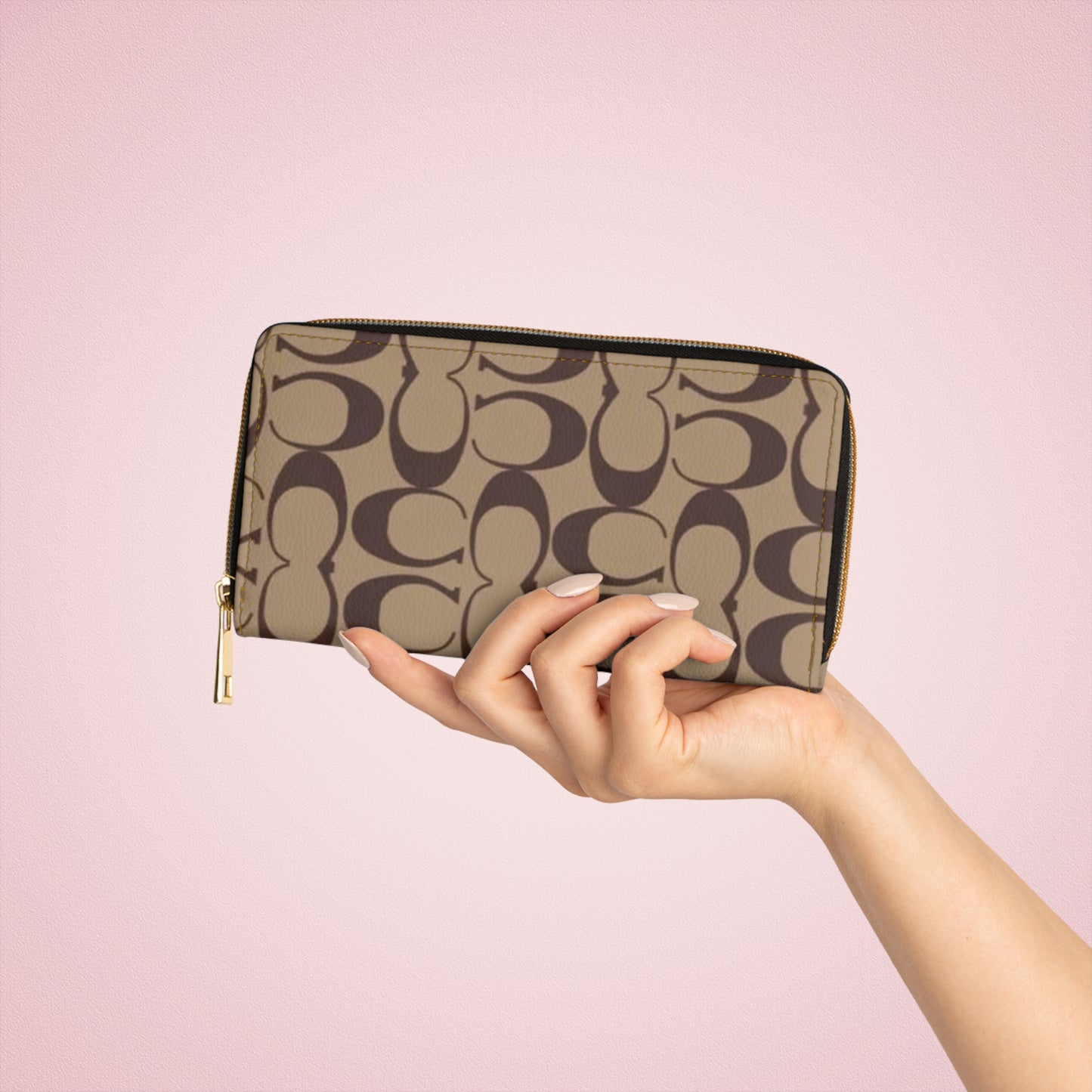 Monogram Pattern Zipper Wallet | Neutral Taupe Card Organizer