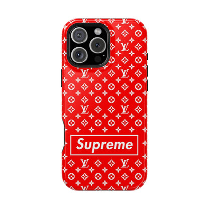 Impact-Resistant Phone Case — Red Monogram Pattern with Bold 'Supreme' Style Logo