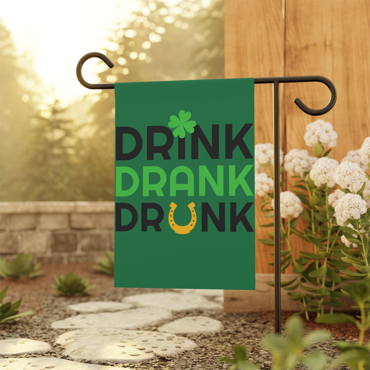 Drink Drank Drunk Garden Flag | St. Patrick's Day Shamrock & Horseshoe