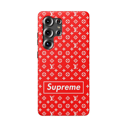 Impact-Resistant Phone Case — Red Monogram Pattern with Bold 'Supreme' Style Logo