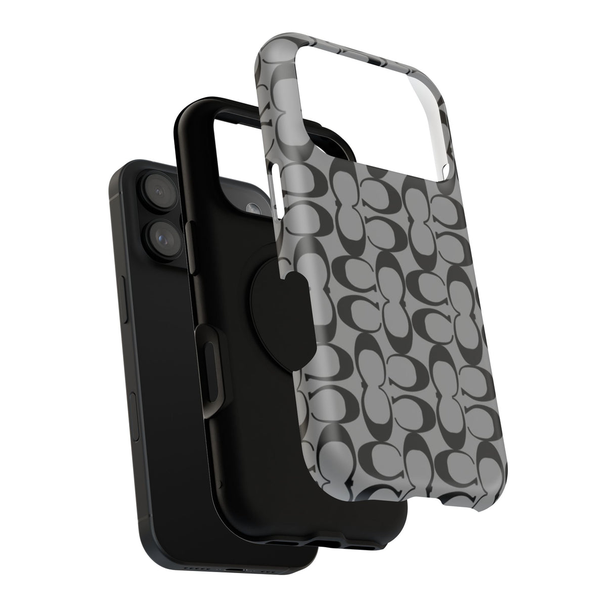 Monogram Pattern Impact-Resistant Phone Case — Black & Gray Designer-Inspired Protection