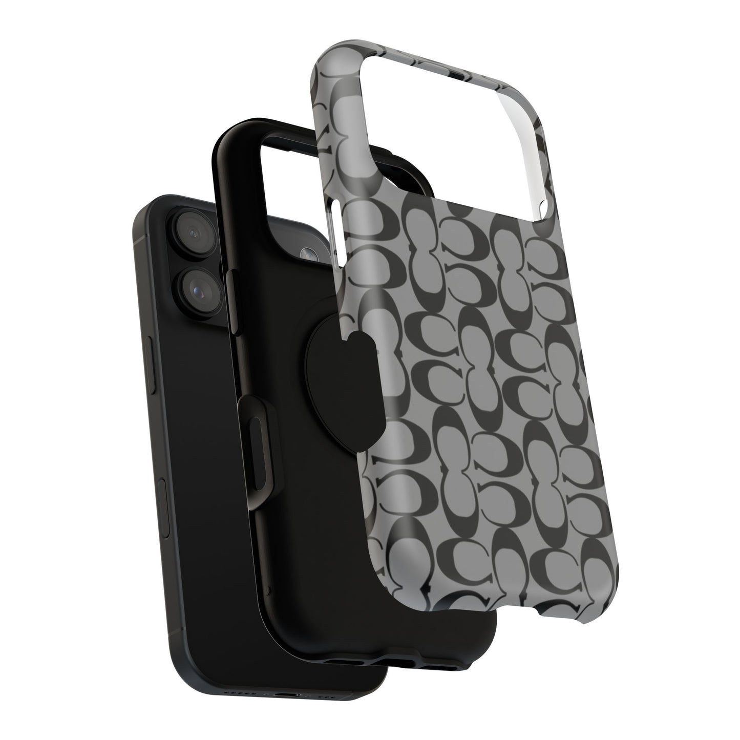 Monogram Pattern Impact-Resistant Phone Case — Black & Gray Designer-Inspired Protection