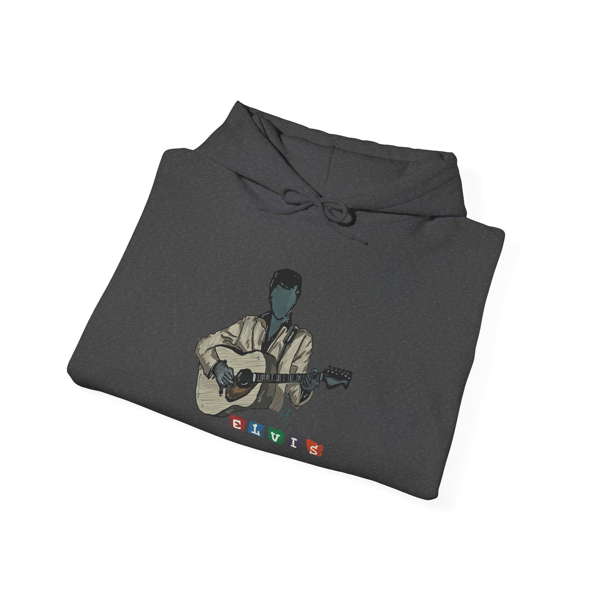 Elvis Silhouette Hoodie — Cozy Music Lover Pullover with Color Block Notes