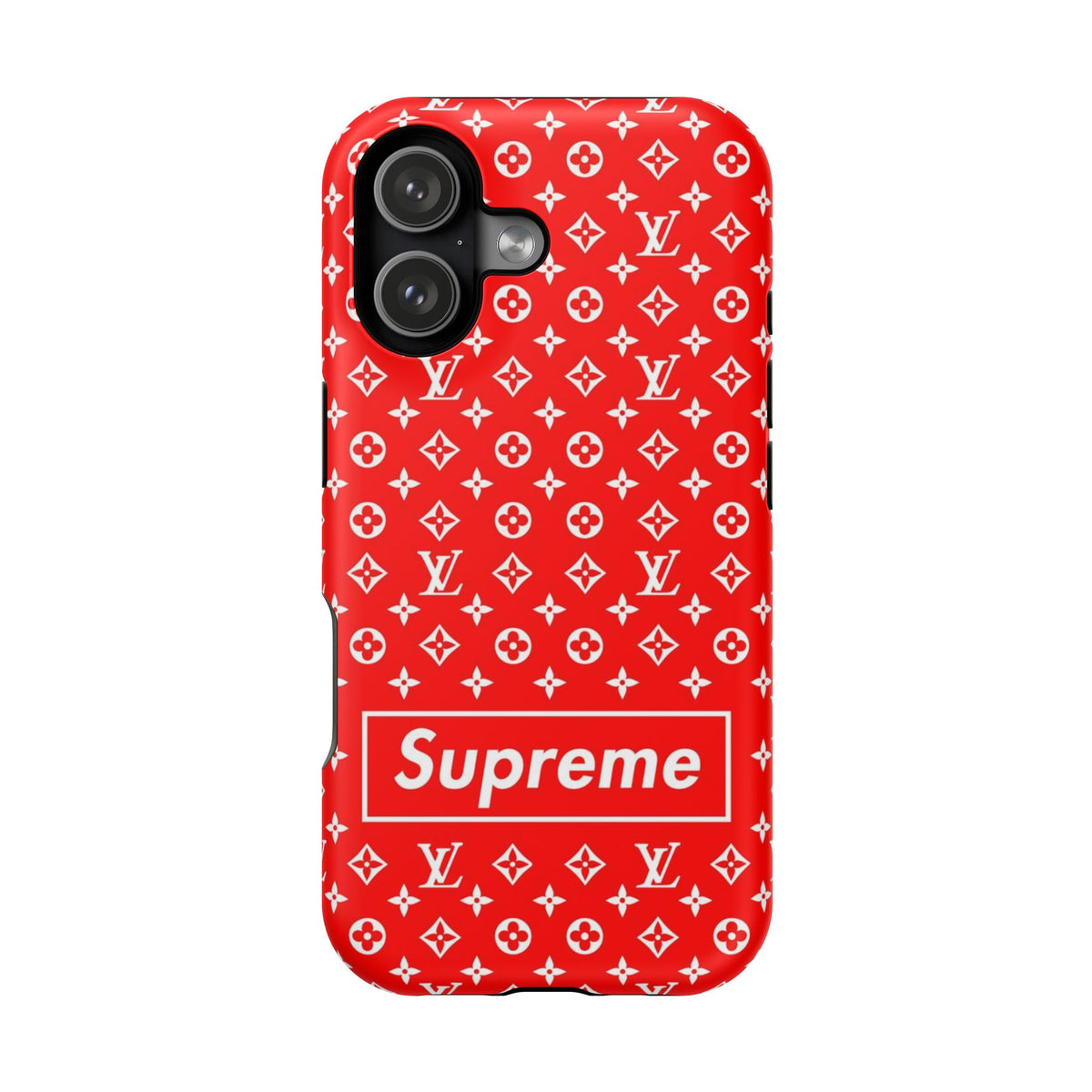 Impact-Resistant Phone Case — Red Monogram Pattern with Bold 'Supreme' Style Logo
