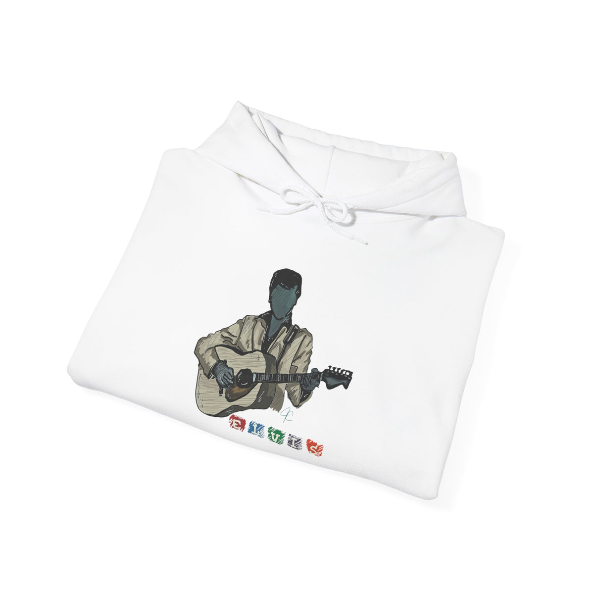Elvis Silhouette Hoodie — Cozy Music Lover Pullover with Color Block Notes